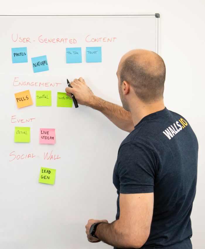 Homme analysant des stratégies de contenu marketing à l’aide de notes autocollantes sur un tableau blanc.